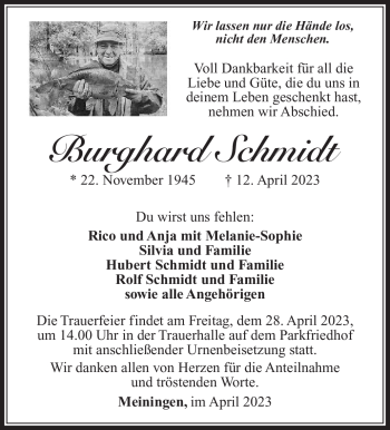 Traueranzeige von Burghard Schmidt von Südthüringer Presse
