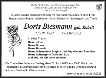Traueranzeige von Doris Biesmann von Südthüringer Presse