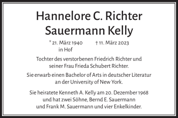 Traueranzeige von Hannelore C. Richter Sauermann Kelly von Frankenpost