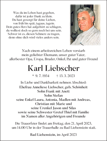 Traueranzeige von Karl Liebscher von Südthüringer Presse
