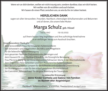 Traueranzeige von Marga Schulz von Südthüringer Presse