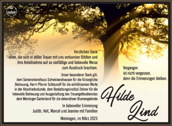Traueranzeige von Hildegard Lind von Südthüringer Presse
