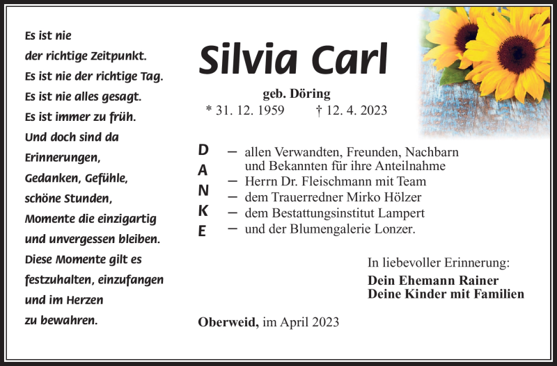  Traueranzeige für Silvia Carl vom 29.04.2023 aus Südthüringer Presse