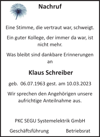 Traueranzeige von Klaus Schreiber von Südthüringer Presse