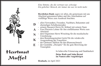 Traueranzeige von Hartmut Muffel von Südthüringer Presse