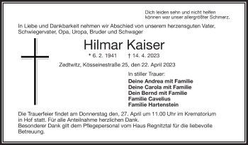 Traueranzeige von Hilmar Kaiser von Frankenpost