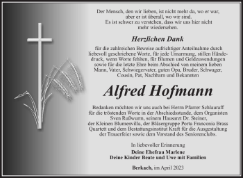 Traueranzeige von Alfred Hofmann von Südthüringer Presse