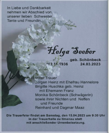 Traueranzeige von Helga Seeber von Südthüringer Presse