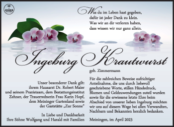 Traueranzeige von Ingeburg Krautwurst von Südthüringer Presse