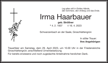 Traueranzeige von Irma Haarbauer von Frankenpost