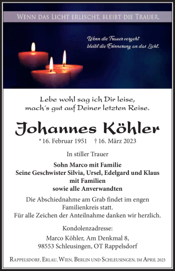 Traueranzeige von Johannes Köhler von Südthüringer Presse