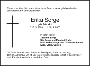 Traueranzeige von Erika Sorge von Frankenpost