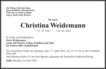 Traueranzeige von Christina Weidemann von Südthüringer Presse