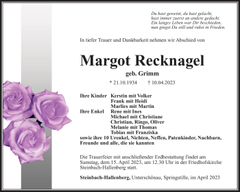 Traueranzeige von Margot Recknagel von Südthüringer Presse