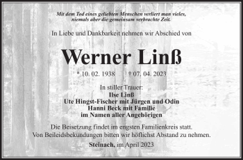 Traueranzeige von Werner Linß von Südthüringer Presse