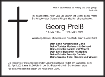 Traueranzeige von Georg Preiß von Frankenpost