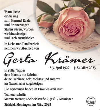 Traueranzeige von Gerta Krämer von Südthüringer Presse