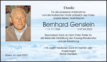 Traueranzeige von Bernhard Genslein von Neue Presse Coburg
