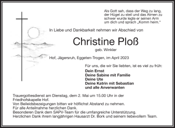 Traueranzeige von Christine Ploß von Frankenpost