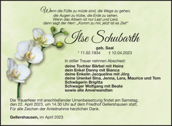 Traueranzeige von Ilse Schubarth von Südthüringer Presse
