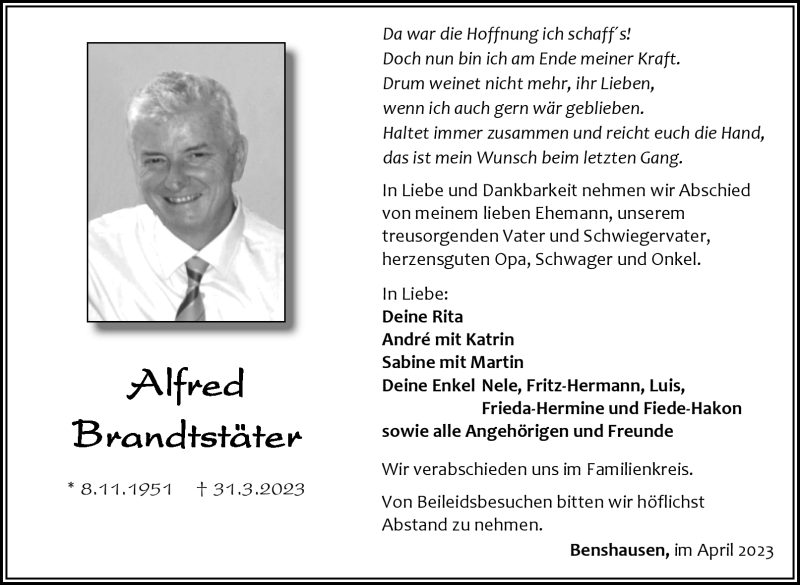  Traueranzeige für Alfred Brandtstäter vom 08.04.2023 aus Südthüringer Presse