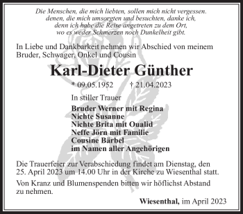 Traueranzeige von Karl-Dieter Günther von Südthüringer Presse
