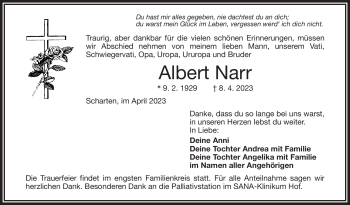Traueranzeige von Albert Narr von Frankenpost