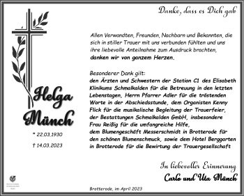 Traueranzeige von Helga Münch von Südthüringer Presse