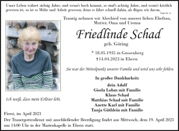 Traueranzeige von Friedlinde Schad von Neue Presse Coburg