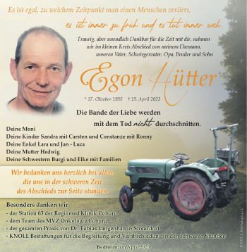 Traueranzeige von Egon Hütter von Südthüringer Presse