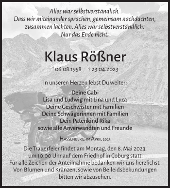 Traueranzeige von Klaus Rößner von Neue Presse Coburg