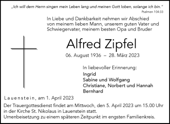 Traueranzeige von Alfred Zipfel von Neue Presse Coburg