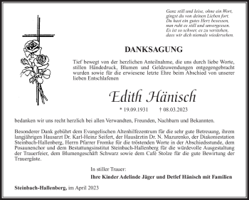 Traueranzeige von Edith Hänisch von Südthüringer Presse