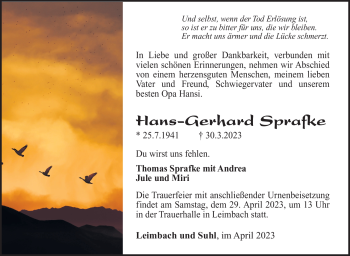 Traueranzeige von Hans-Gerhard Sprafke von Südthüringer Presse