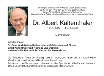 Traueranzeige von Albert Kaltenthaler von Frankenpost