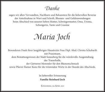 Traueranzeige von Maria Joch von Südthüringer Presse