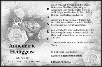 Traueranzeige von Annemarie Heiliggeist von Südthüringer Presse