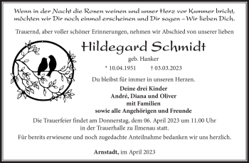 Traueranzeige von Hildegard Schmidt von Südthüringer Presse