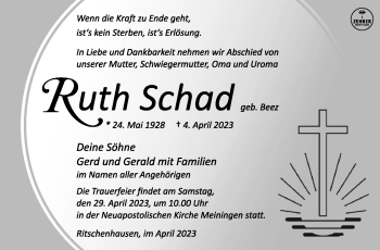 Traueranzeige von Ruth Schad von Südthüringer Presse