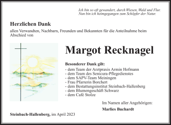 Traueranzeige von Margot Recknagel von Südthüringer Presse