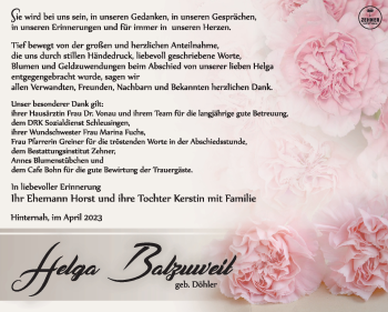 Traueranzeige von Helga Balzuweit von Südthüringer Presse