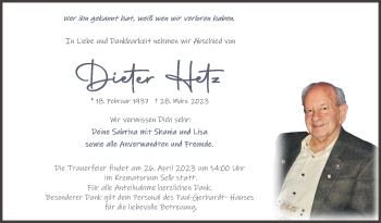 Traueranzeige von Dieter Hetz von Frankenpost