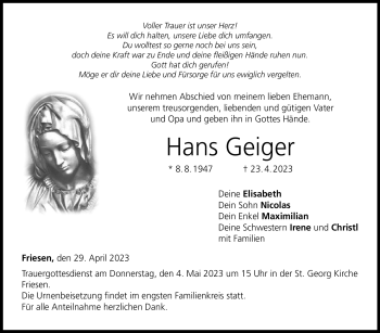 Traueranzeige von Hans Geiger von Neue Presse Coburg