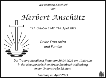 Traueranzeige von Herbert Anschütz von Südthüringer Presse