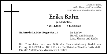 Traueranzeige von Erika Rahn von Frankenpost
