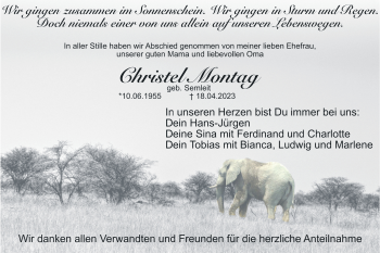 Traueranzeige von Christe Montag von Südthüringer Presse