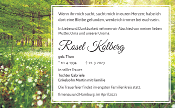 Traueranzeige von Rosel Kolberg von Südthüringer Presse