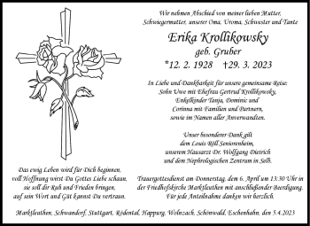 Traueranzeige von Erika Krollikowsky von Frankenpost