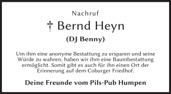 Traueranzeige von Bernd Heyn von Neue Presse Coburg