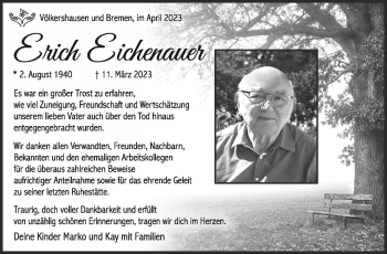 Traueranzeige von Erich Eichenauer von Südthüringer Presse